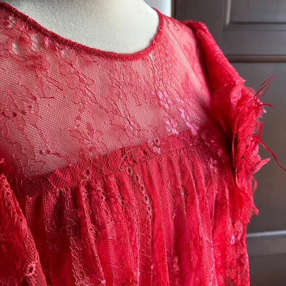 BADGLEY MISCHKA | Pink Red Tiered Pleated Lace Bell Sleeve Dress | Size 2 - Picture 4 of 8